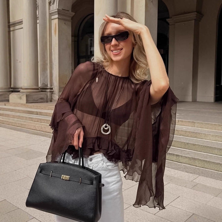 Top Sexy See-through Loose Brown Women's Clothing