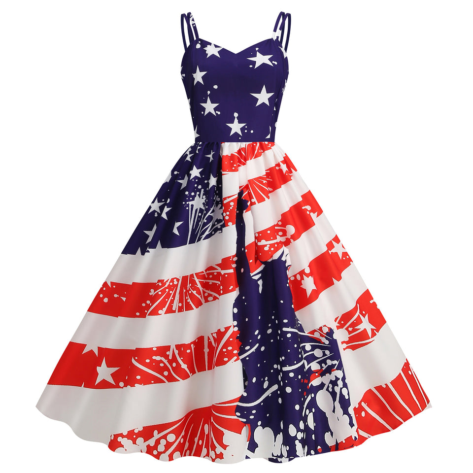 Women's Summer Sexy Spaghetti-strap Floral Print Retro Big Swing Dress