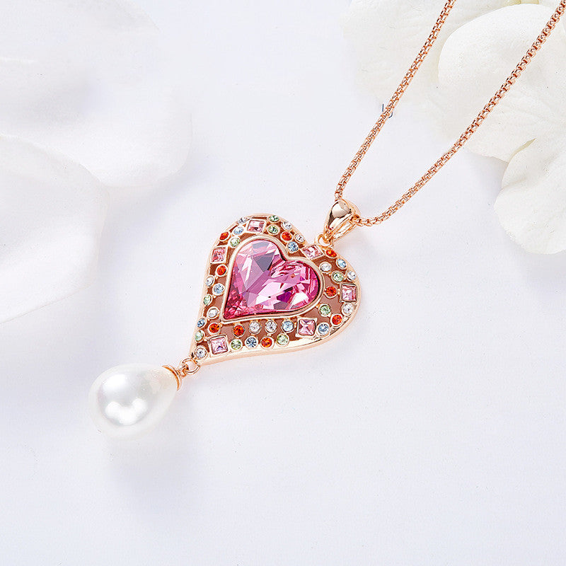 Pearl Pendant Dripping Heart Shaped Crystal Necklace Women Fashion