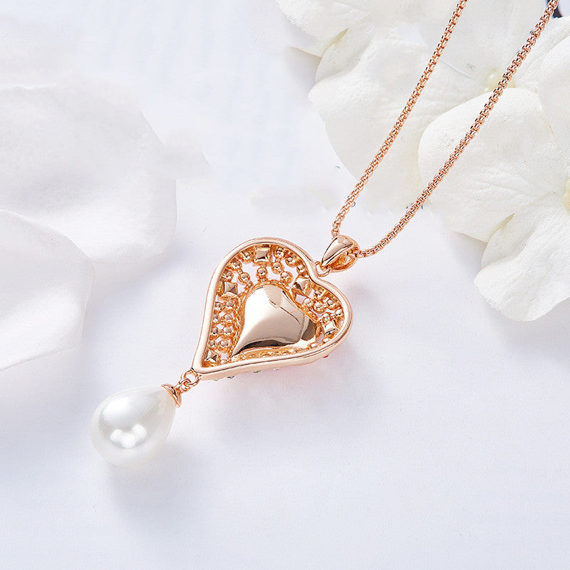 Pearl Pendant Dripping Heart Shaped Crystal Necklace Women Fashion
