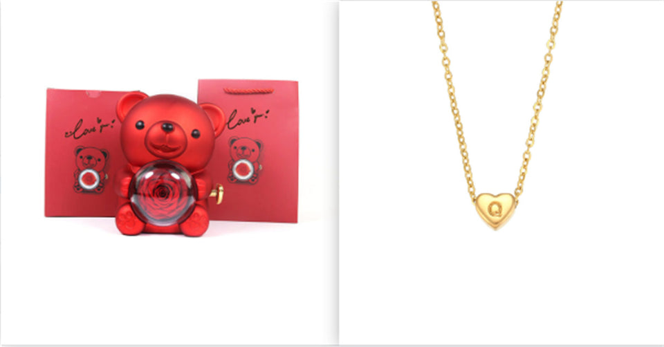 Eternal Rose Teddy Bear Gifts Box With Necklace Rotate Rose Jewelry Box Valentine Wedding Storage Gift Case For Women Girlfriend