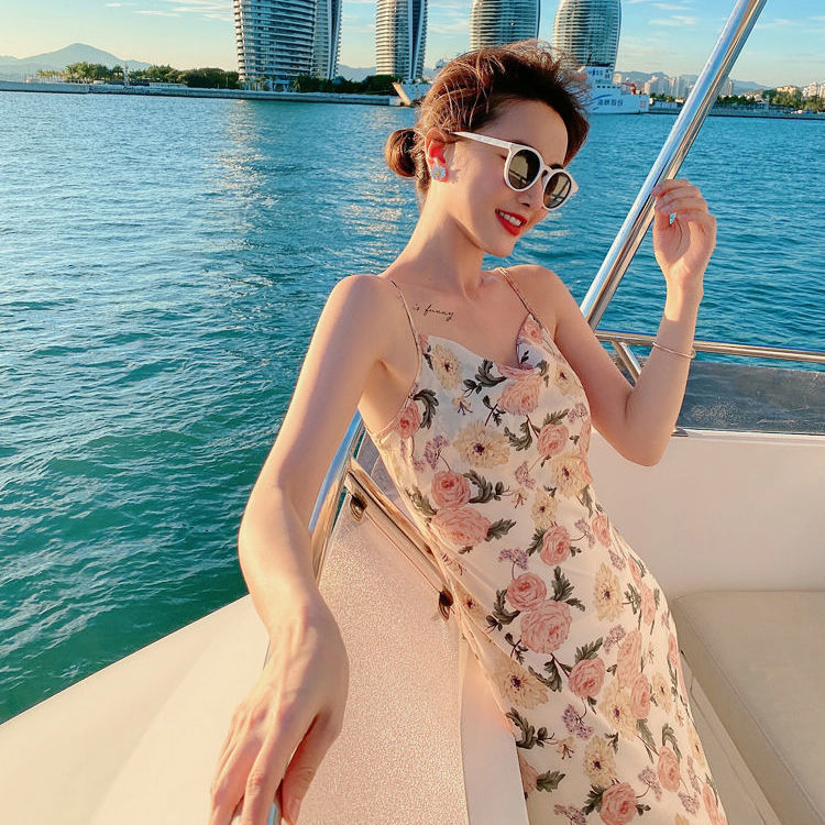 Beige Floral Printed Spaghetti Strap Summer Dress