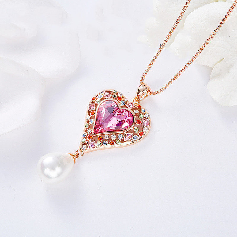 Pearl Pendant Dripping Heart Shaped Crystal Necklace Women Fashion