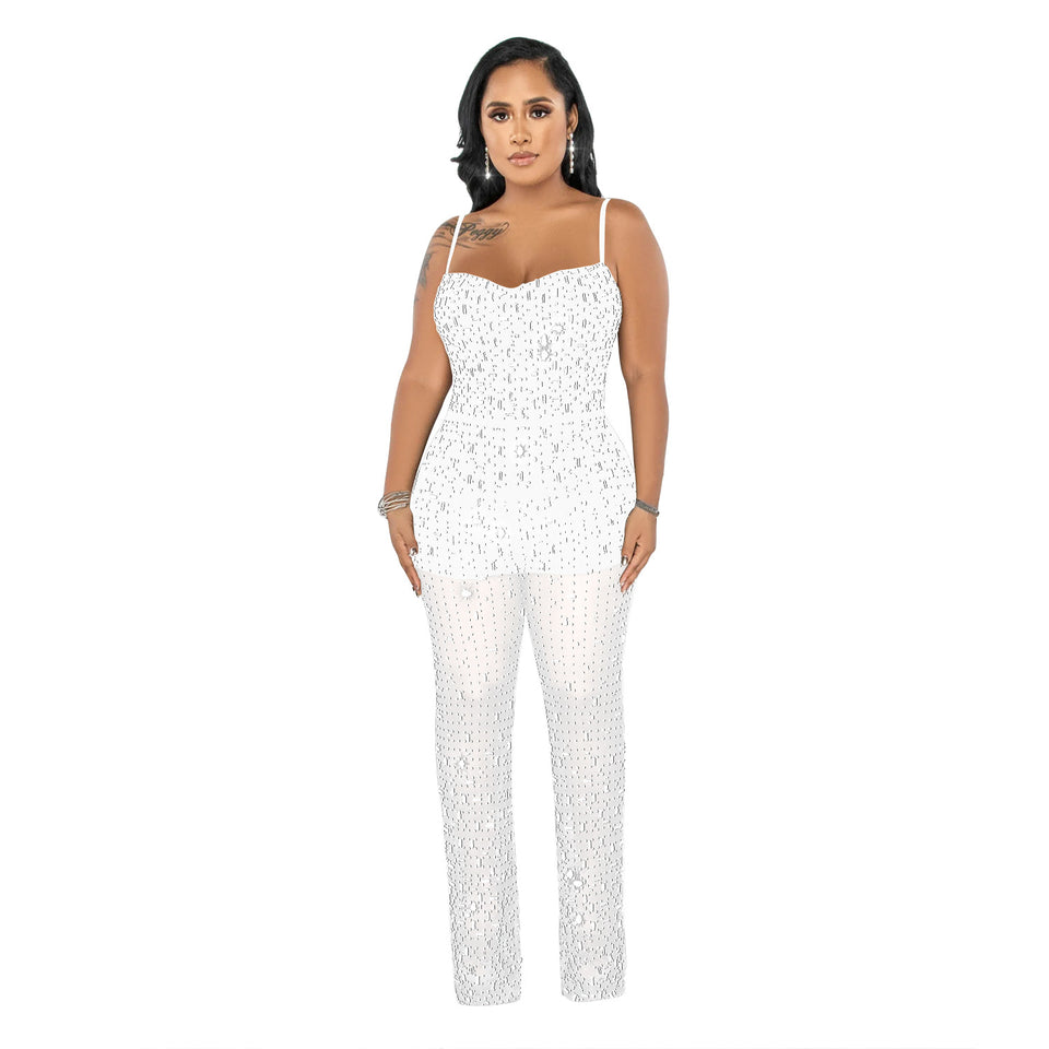 Women's Wear Rhinestone Mesh Camisole Sleeveless Trousers Jumpsuit