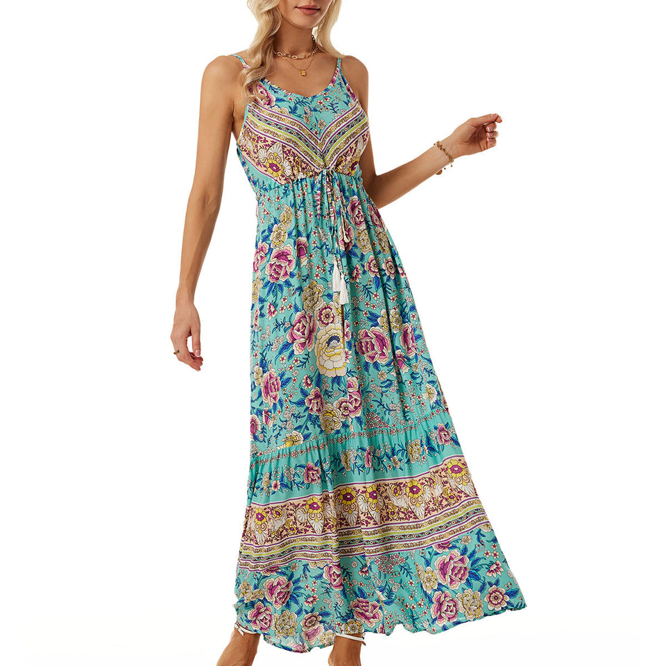 Women's Bohemian Spaghetti-strap Floral Print Vacation Beach Dress