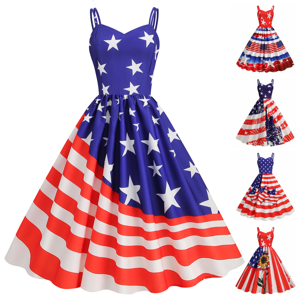 Women's Summer Sexy Spaghetti-strap Floral Print Retro Big Swing Dress