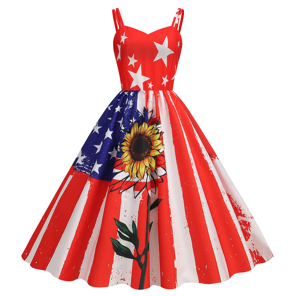 Women's Summer Sexy Spaghetti-strap Floral Print Retro Big Swing Dress
