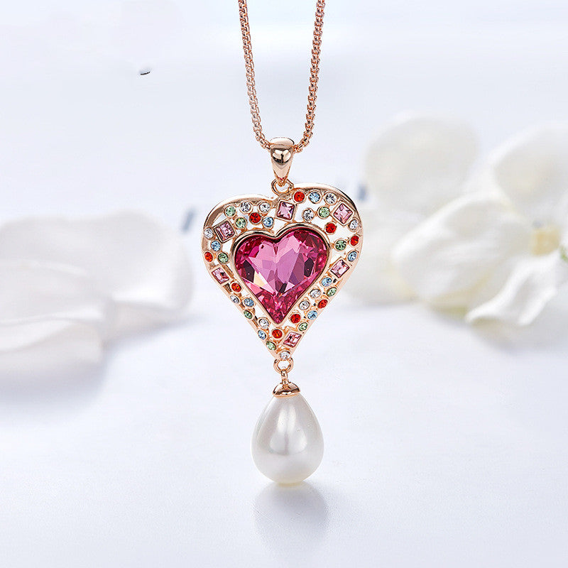 Pearl Pendant Dripping Heart Shaped Crystal Necklace Women Fashion