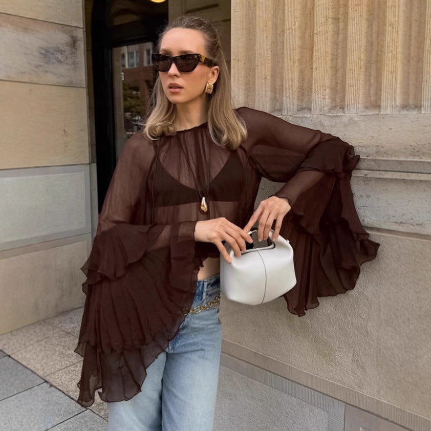 Top Sexy See-through Loose Brown Women's Clothing