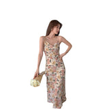 Beige Floral Printed Spaghetti Strap Summer Dress