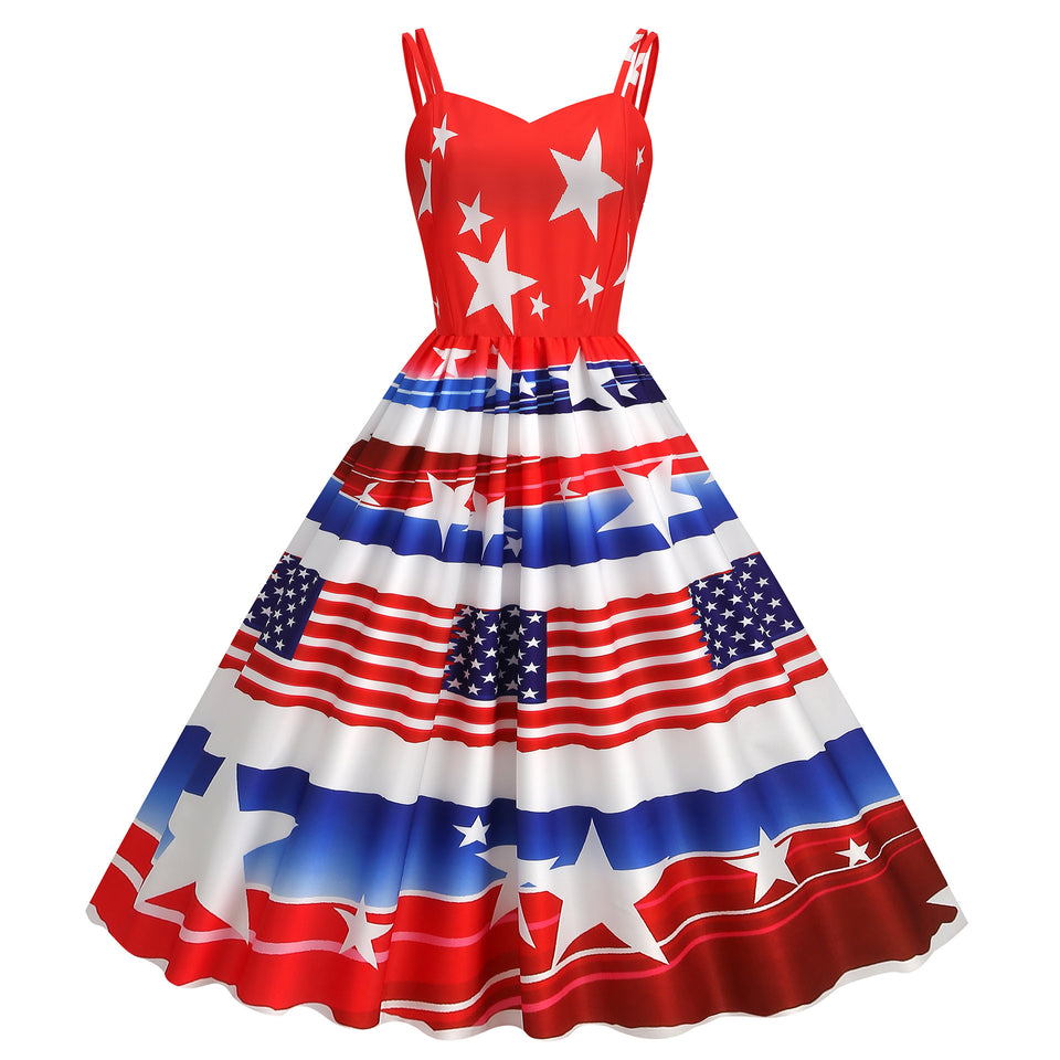 Women's Summer Sexy Spaghetti-strap Floral Print Retro Big Swing Dress