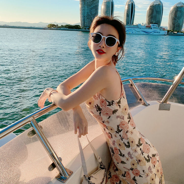 Beige Floral Printed Spaghetti Strap Summer Dress