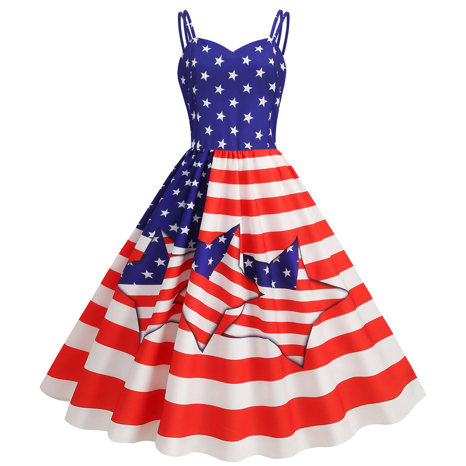 Women's Summer Sexy Spaghetti-strap Floral Print Retro Big Swing Dress