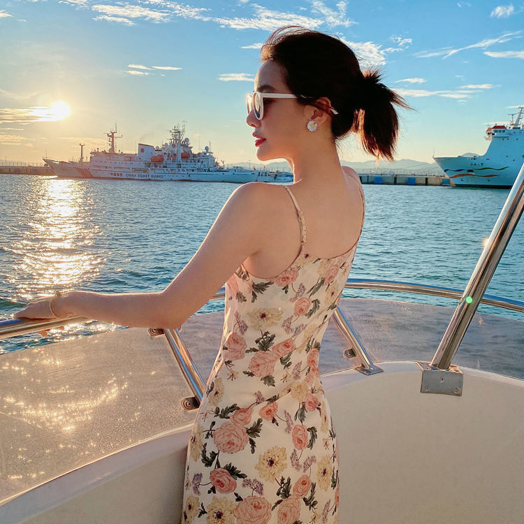 Beige Floral Printed Spaghetti Strap Summer Dress