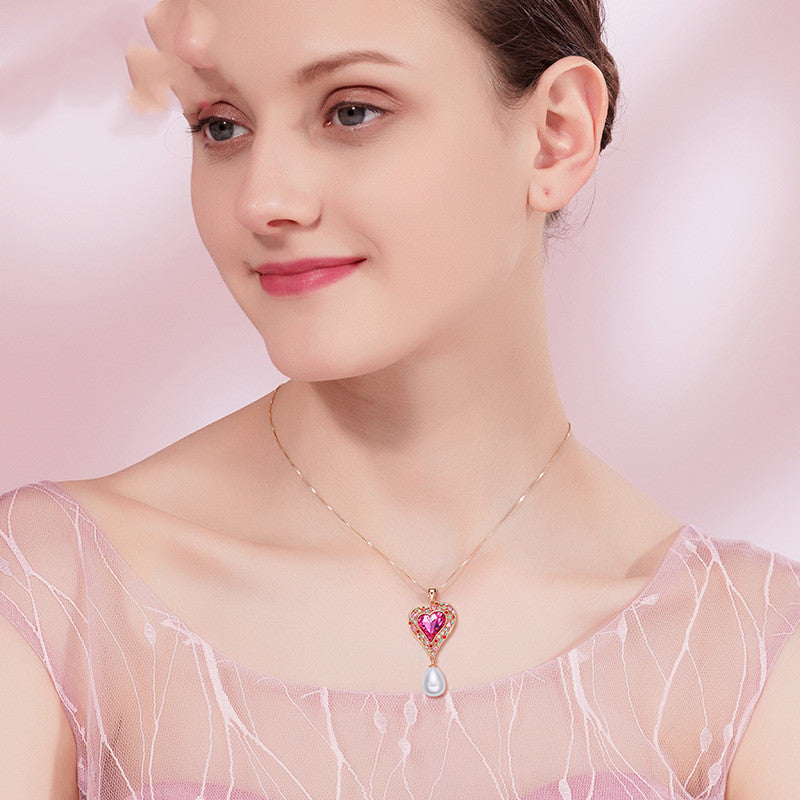 Pearl Pendant Dripping Heart Shaped Crystal Necklace Women Fashion